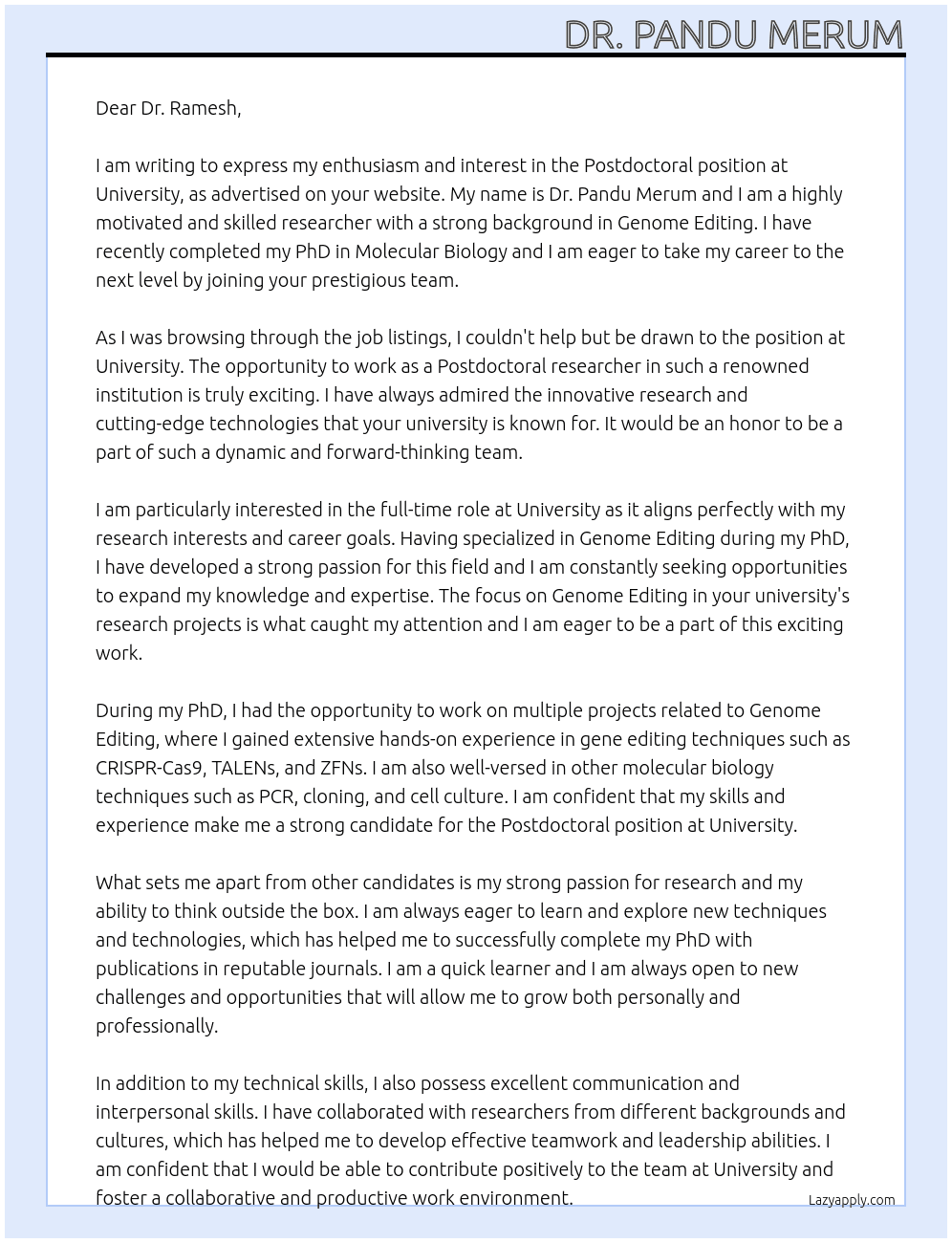 Postdoc At University Cover Letter