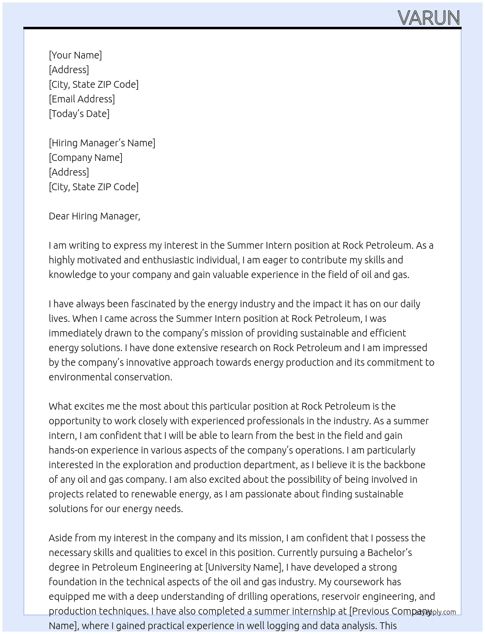 Summer Intern At Rock Peetroleum Cover Letter