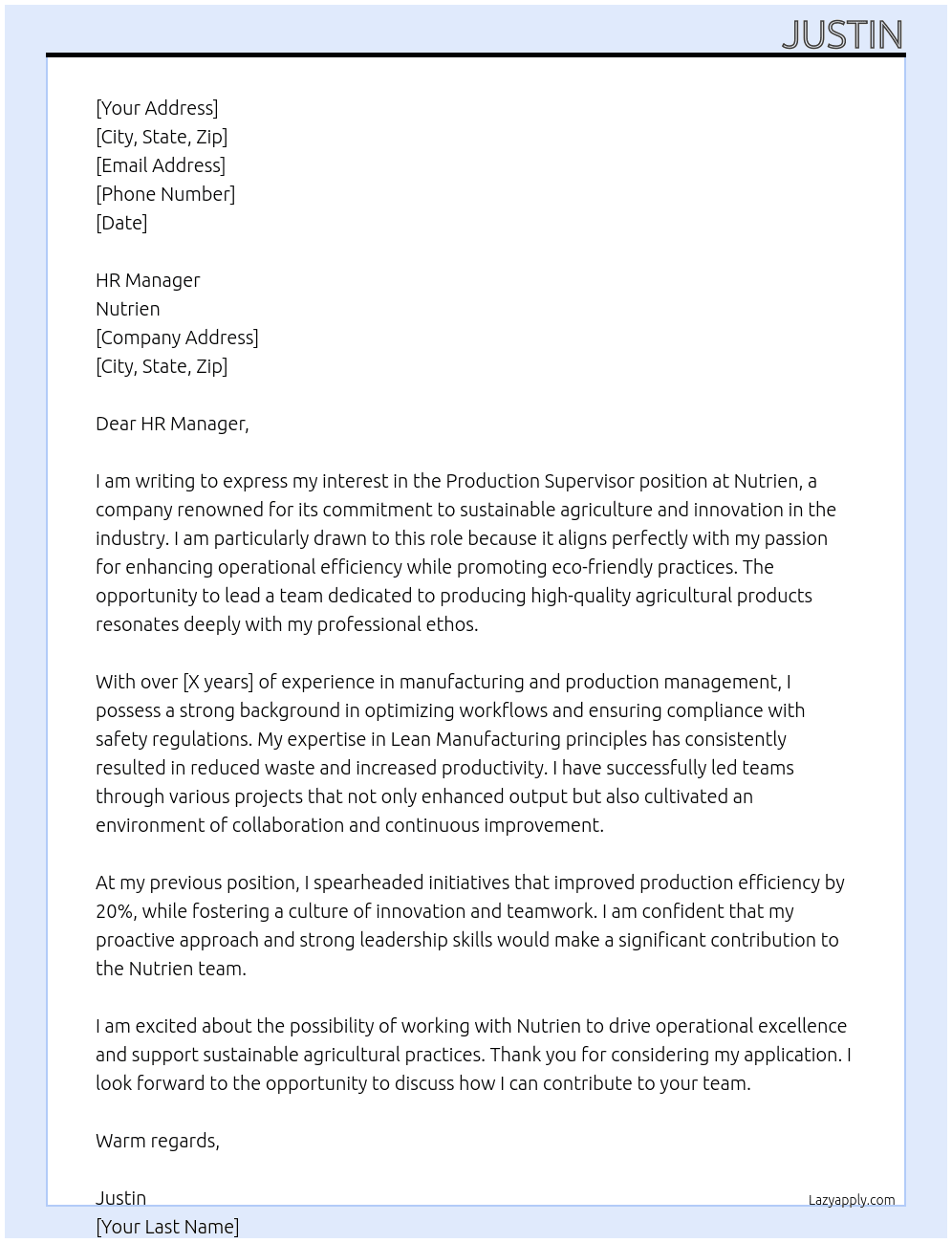 Production Supervisor At Nutrien Cover Letter