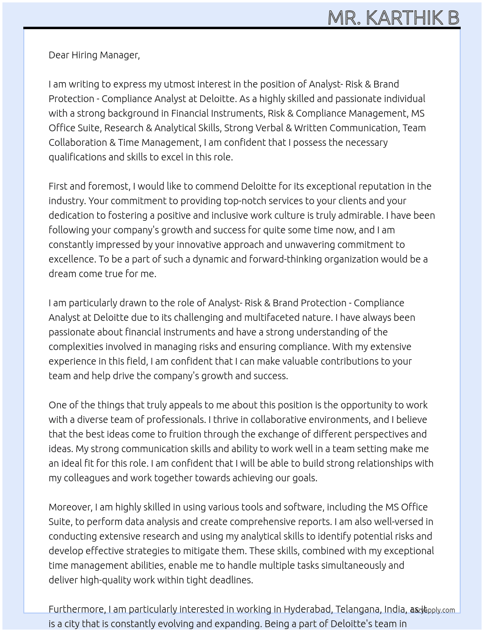 Cover letter for analyst- risk & brand protection - compliance analyst - LazyApply