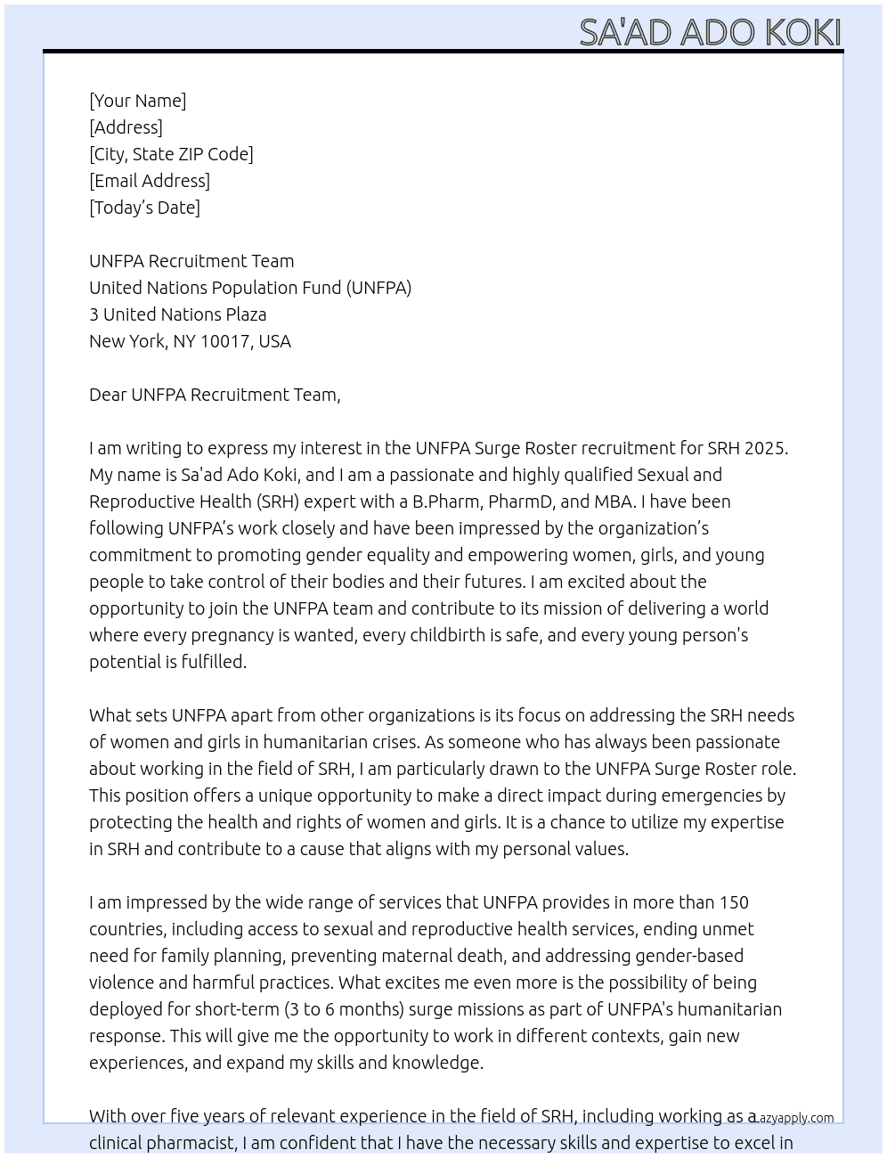 Cover letter for unfpa surge roster recruitment - srh 2025 - LazyApply
