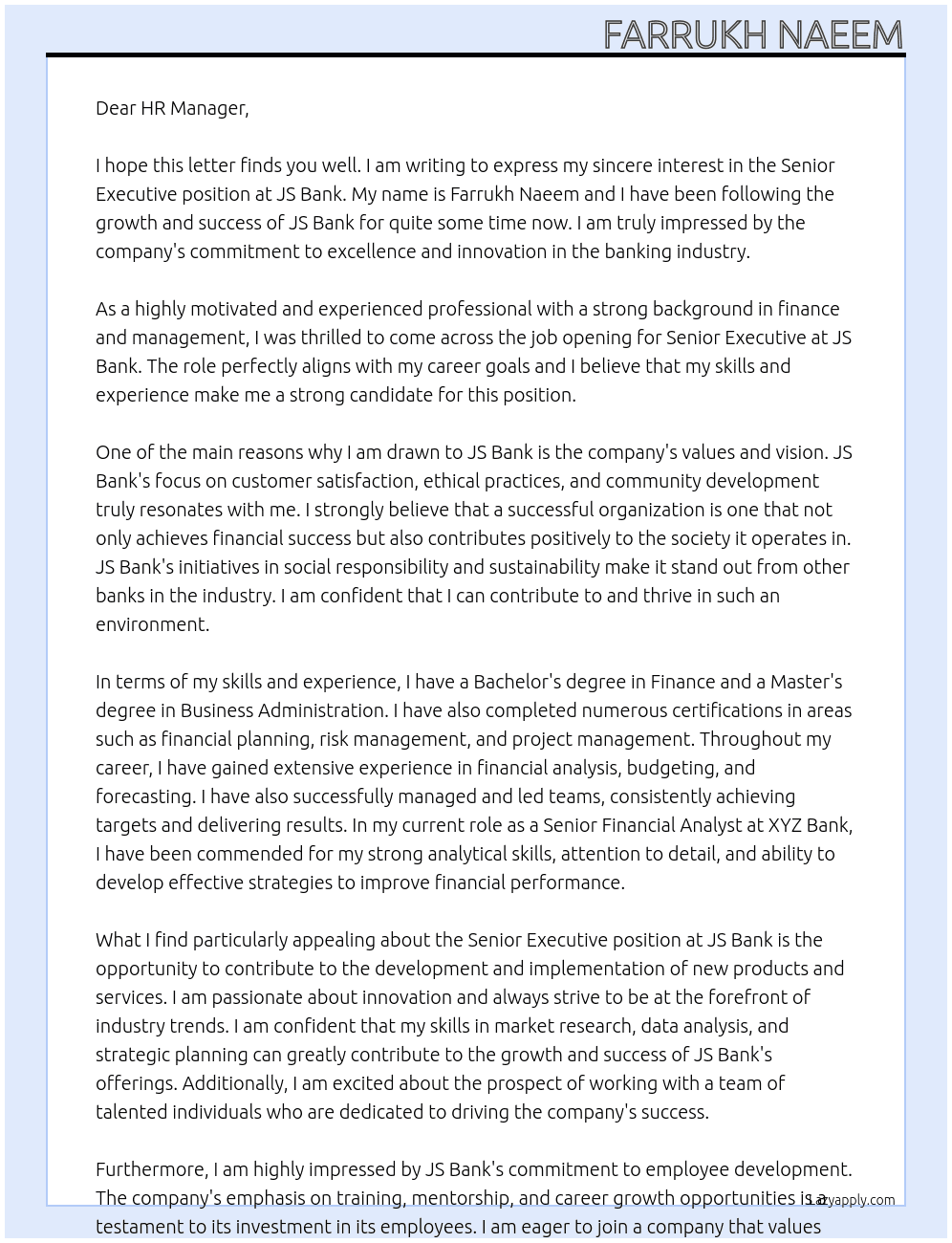 SENIOR EXECUTIVE At JS BANK Cover Letter