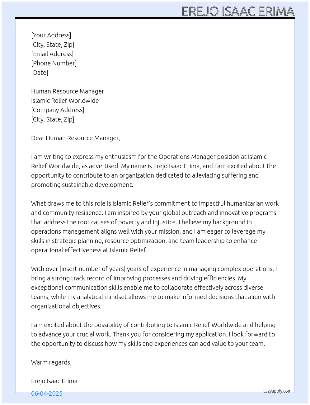 Operations Manager  At Islamic Relief World wide  Cover Letter