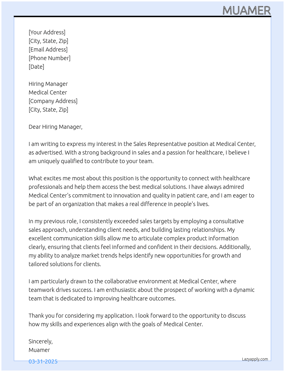 sales representativ At Medical center Cover Letter