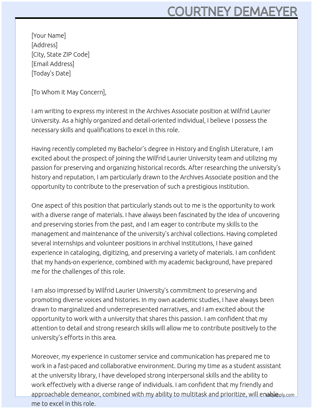 Archives Associate At Wilfrid Laurier University Cover Letter