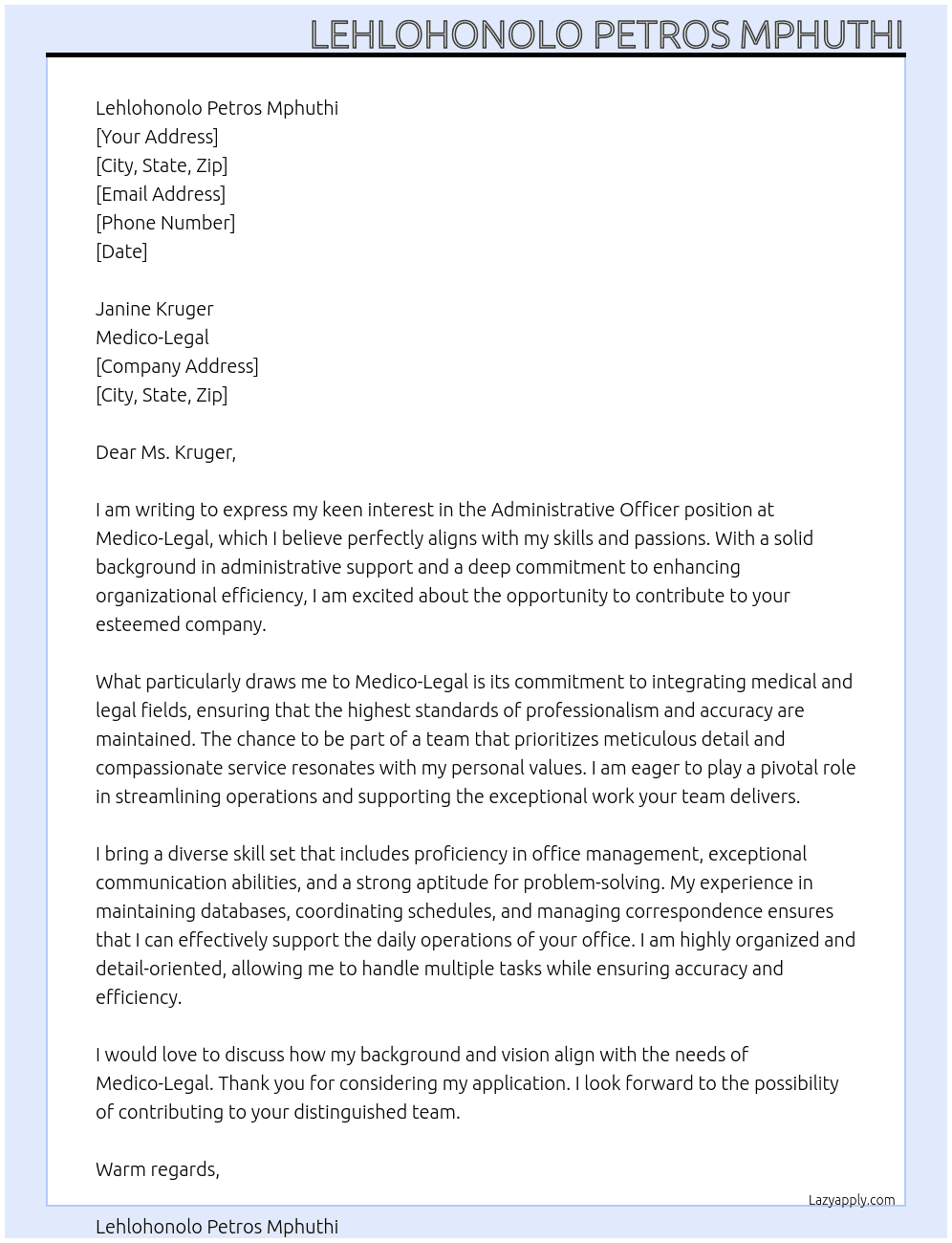 Administrative Officer At Medico-Legal Cover Letter