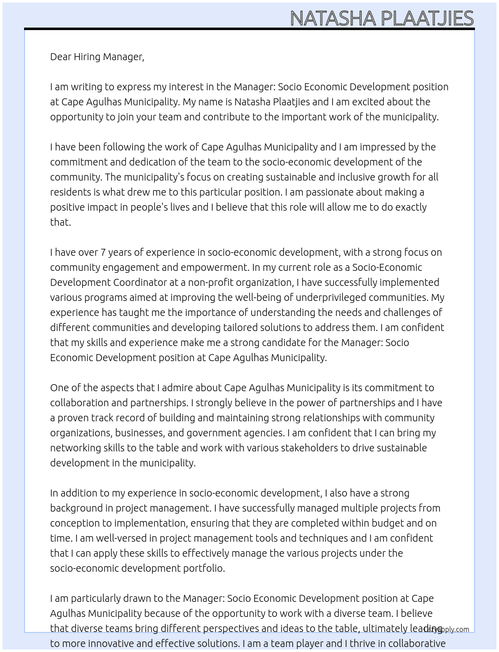 Manager: Socio Economic Development At Cape Agulhas Municipality Cover Letter