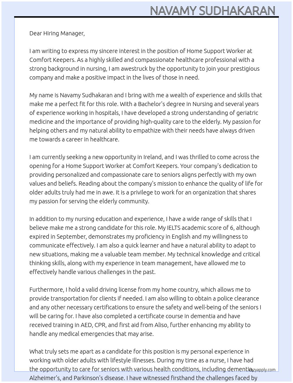 Home support worker  At Comfort keepers  Cover Letter