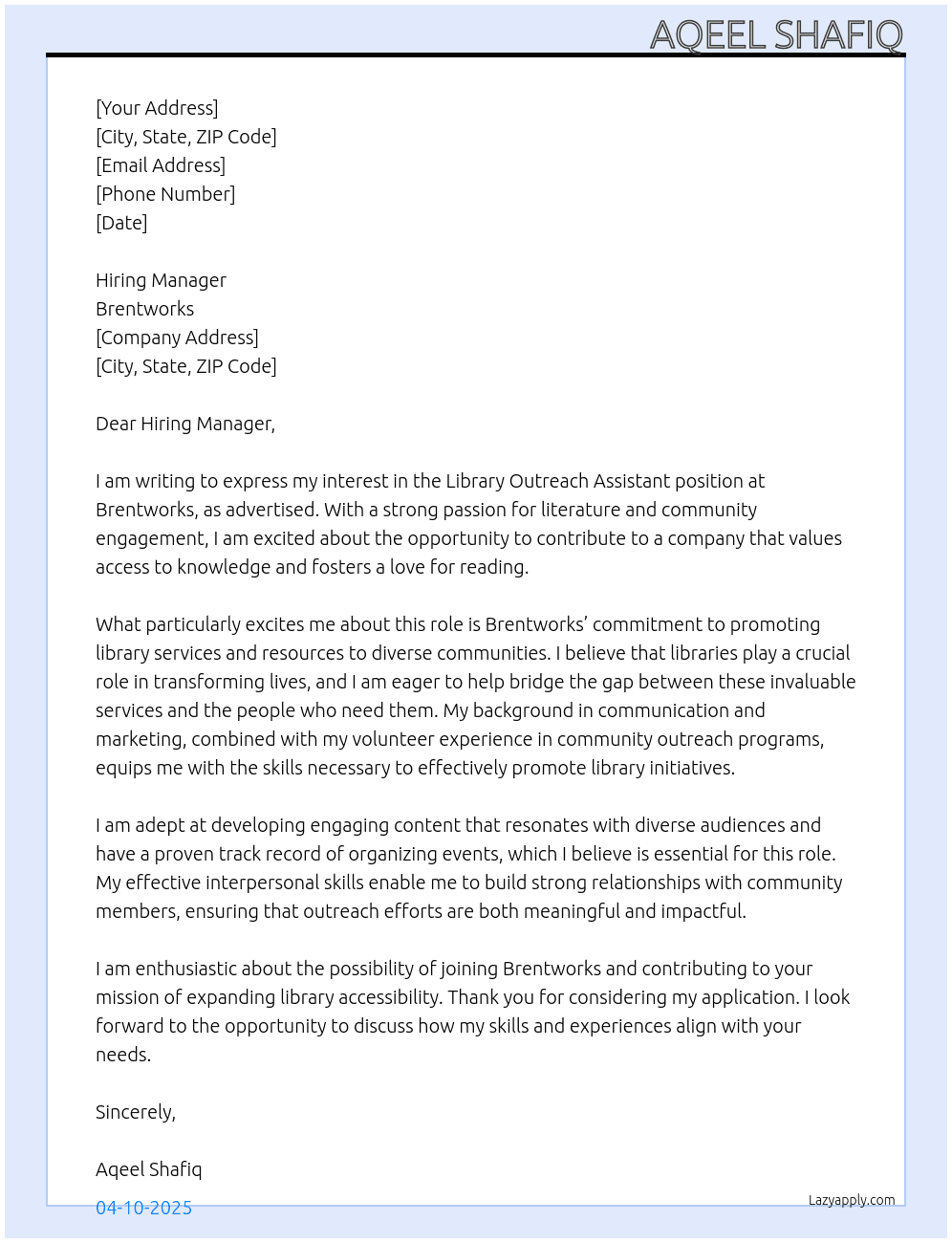 Library outreach assistant At Brentworks Cover Letter