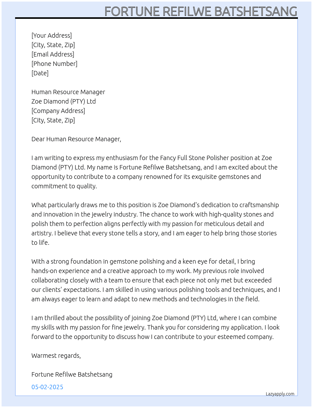 Cover letter for fancy full stone polisher - LazyApply