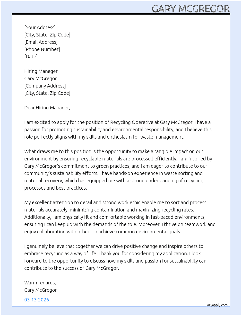 Recycling Operative At Gary McGregor Cover Letter