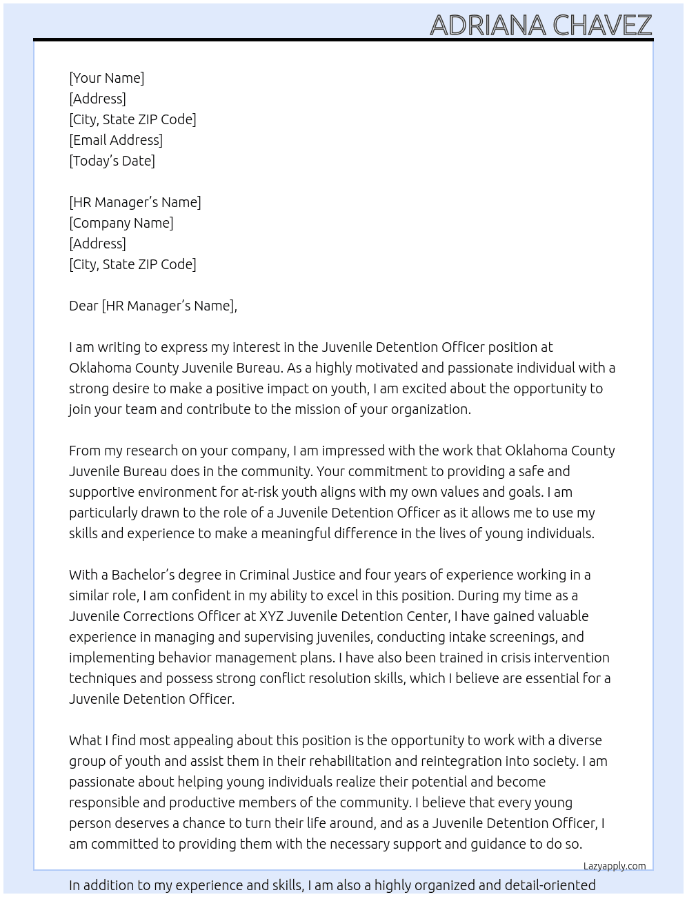 Juvenile detention officer At Oklahoma County Juvenile Bureau Cover Letter