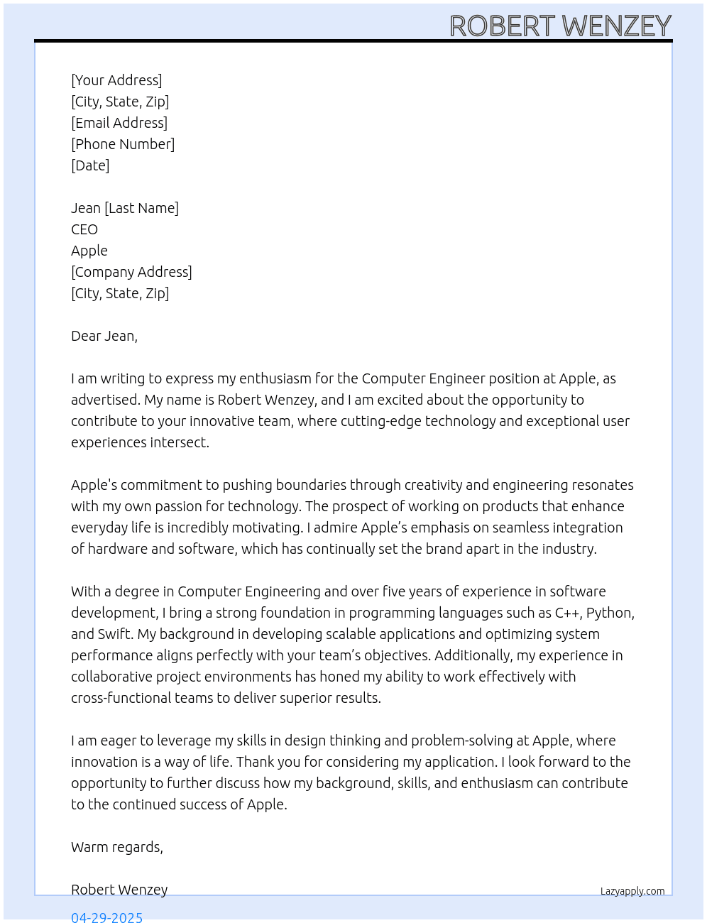 computer engineer At APPLE Cover Letter