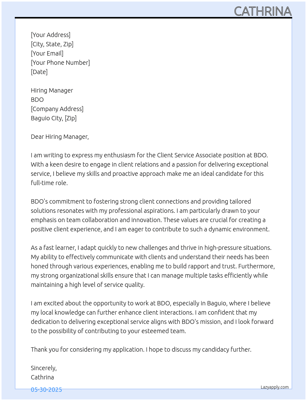 client service association At bdo Cover Letter