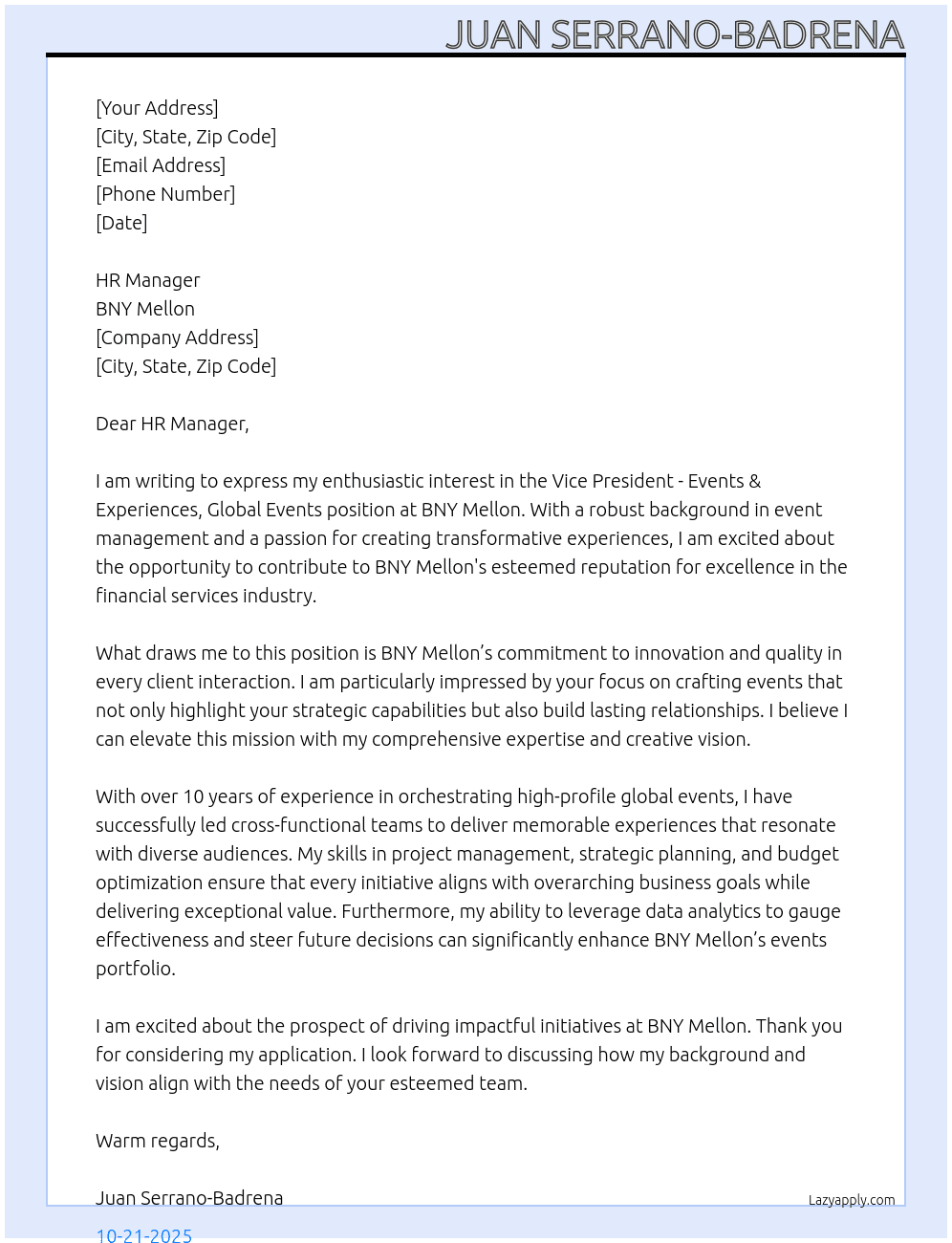 Vice President- Events & Experiences, Global Events At BNY Mellon Cover Letter