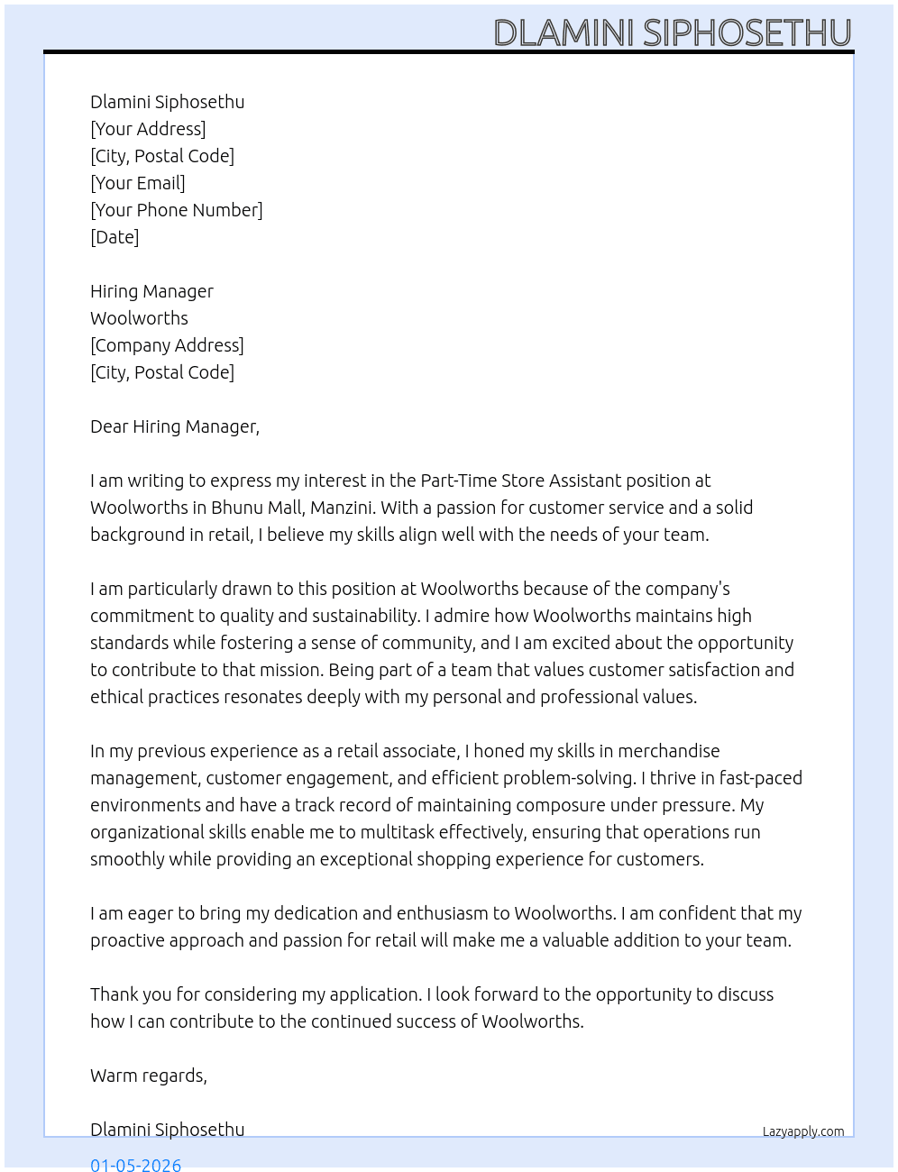 store assistant At Woolworths Cover Letter