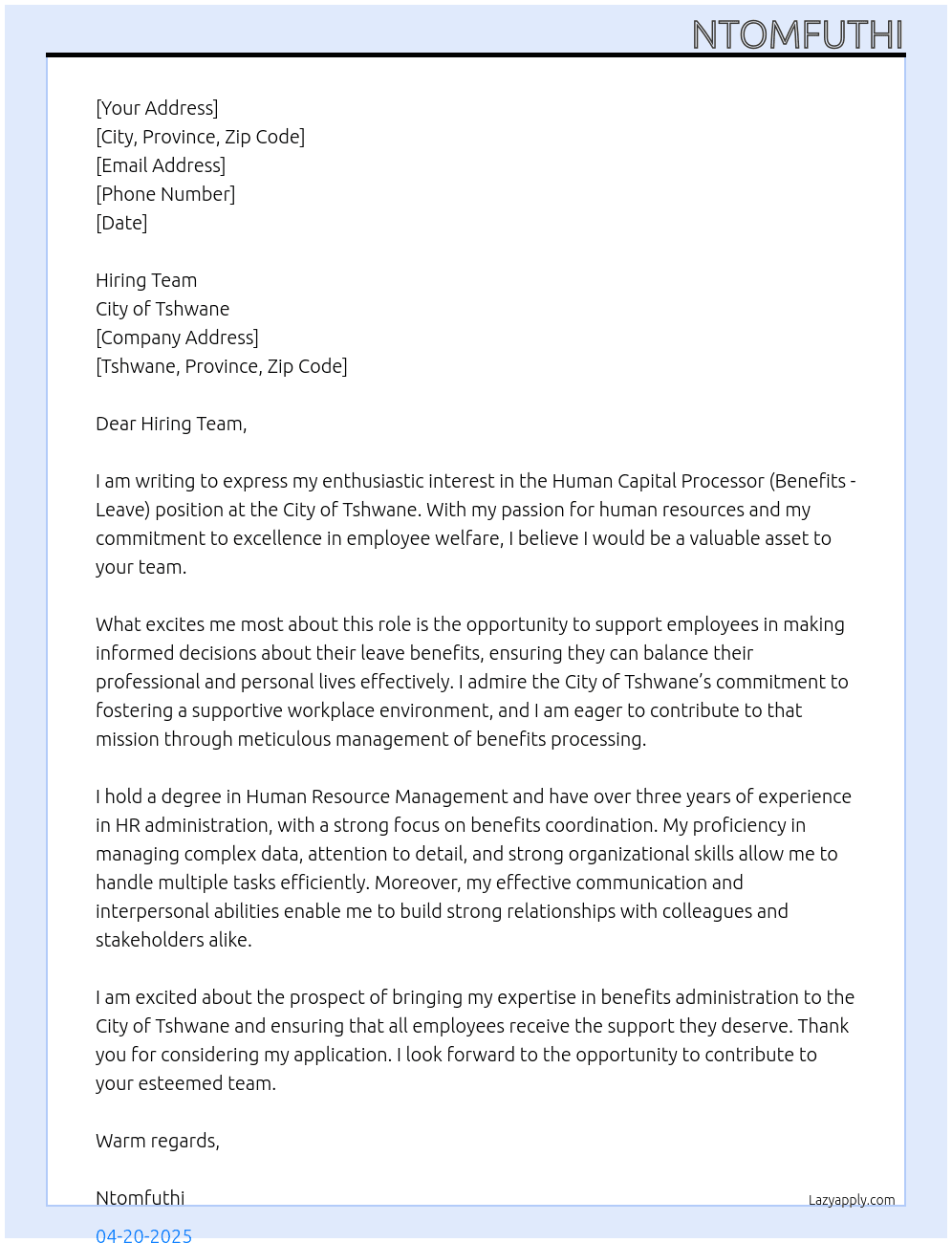 HUMAN CAPITAL PROCESSOR (BENEFITS - LEAVE) At City f Tshwane Cover Letter