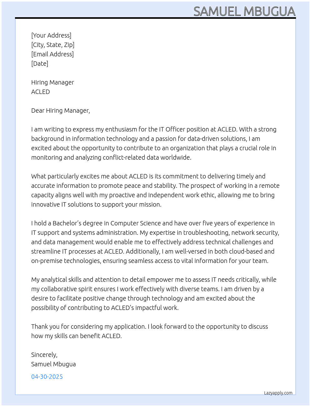 IT Officer - Remote At ACLED Cover Letter