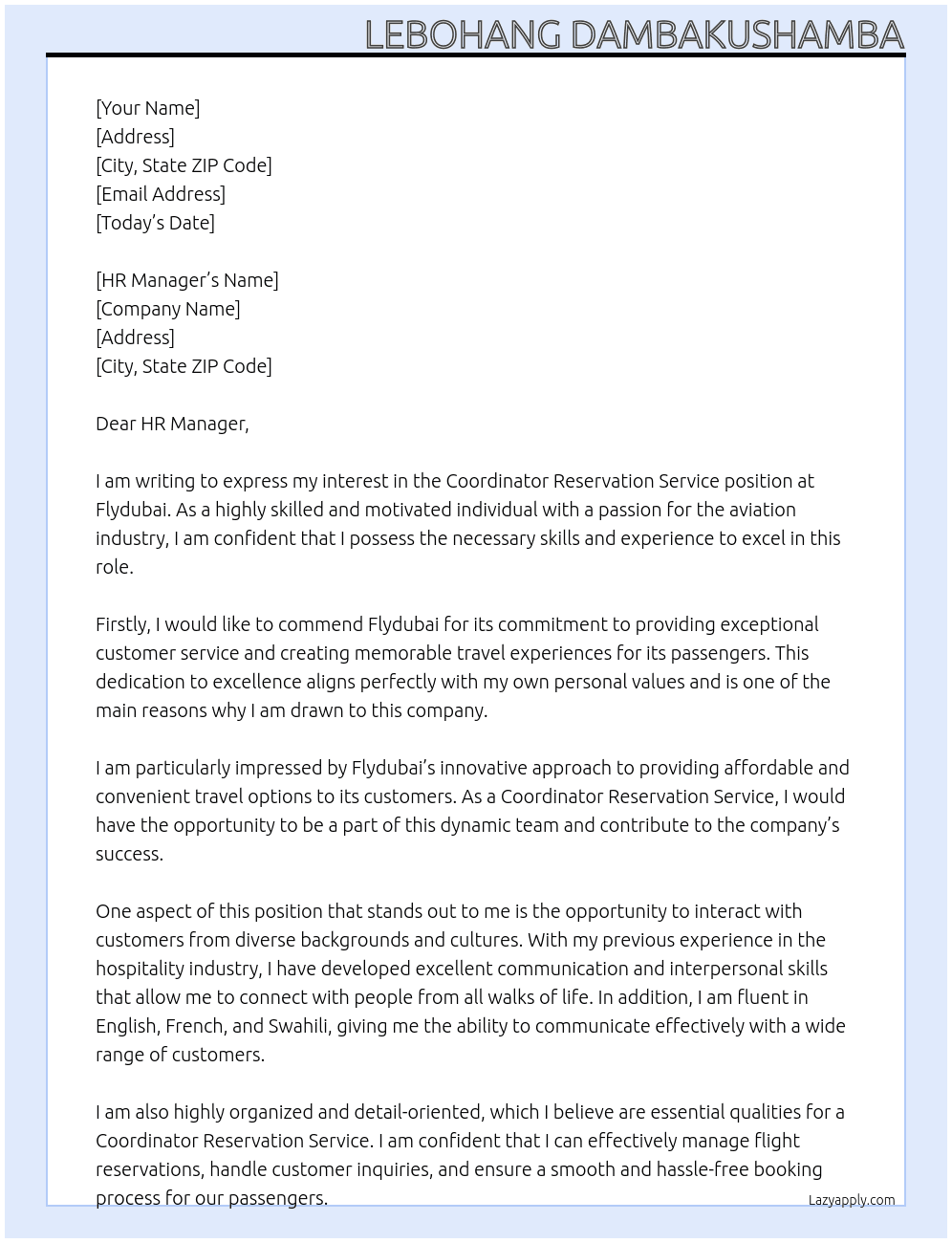 Cover letter for coordinator reservation service - LazyApply