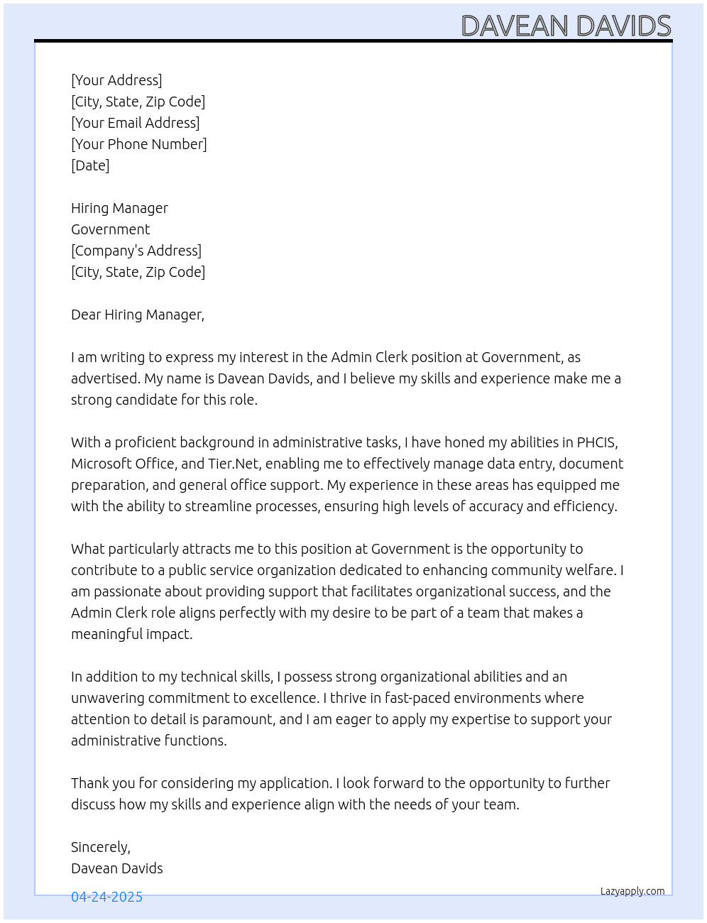 Admin Clerk At Goverment Cover Letter