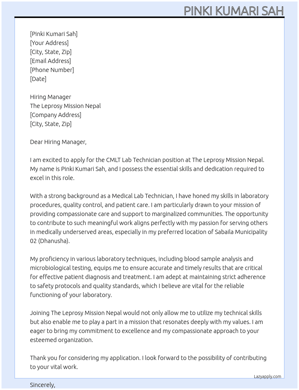 CMLT Lab Technician  At The Leprosy mission Nepal Cover Letter
