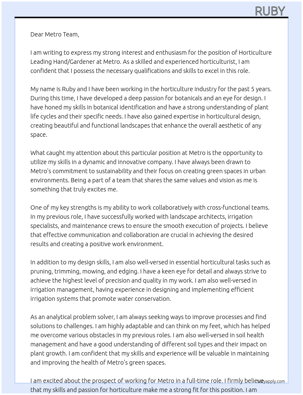 Horticulture Leading Hand / Gardener At Metro  Cover Letter