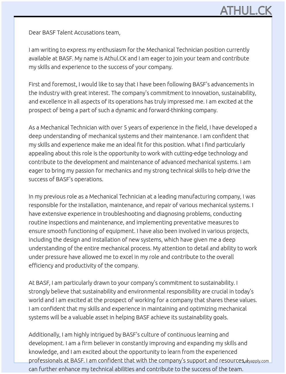 Mechanical Technician  At BASF Cover Letter