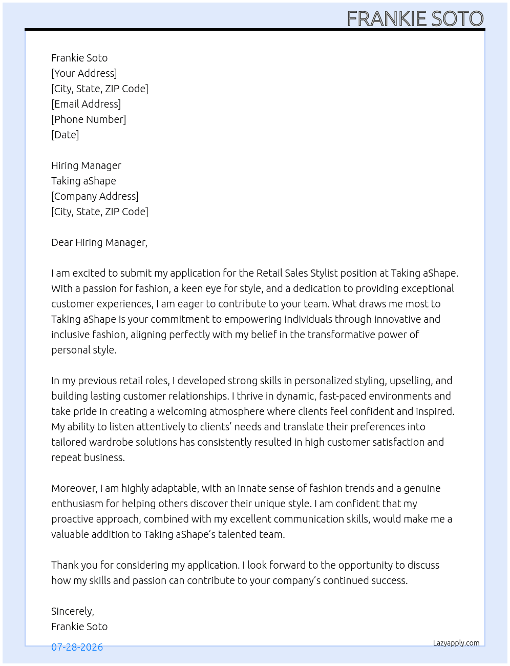 Retail sales stylist At Taking ahape Cover Letter