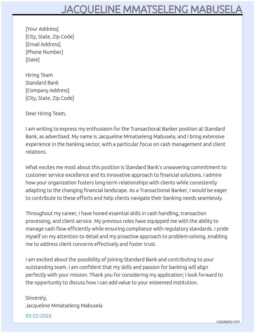 Transactional Banker, Bank Sector At Standard Bank Cover Letter