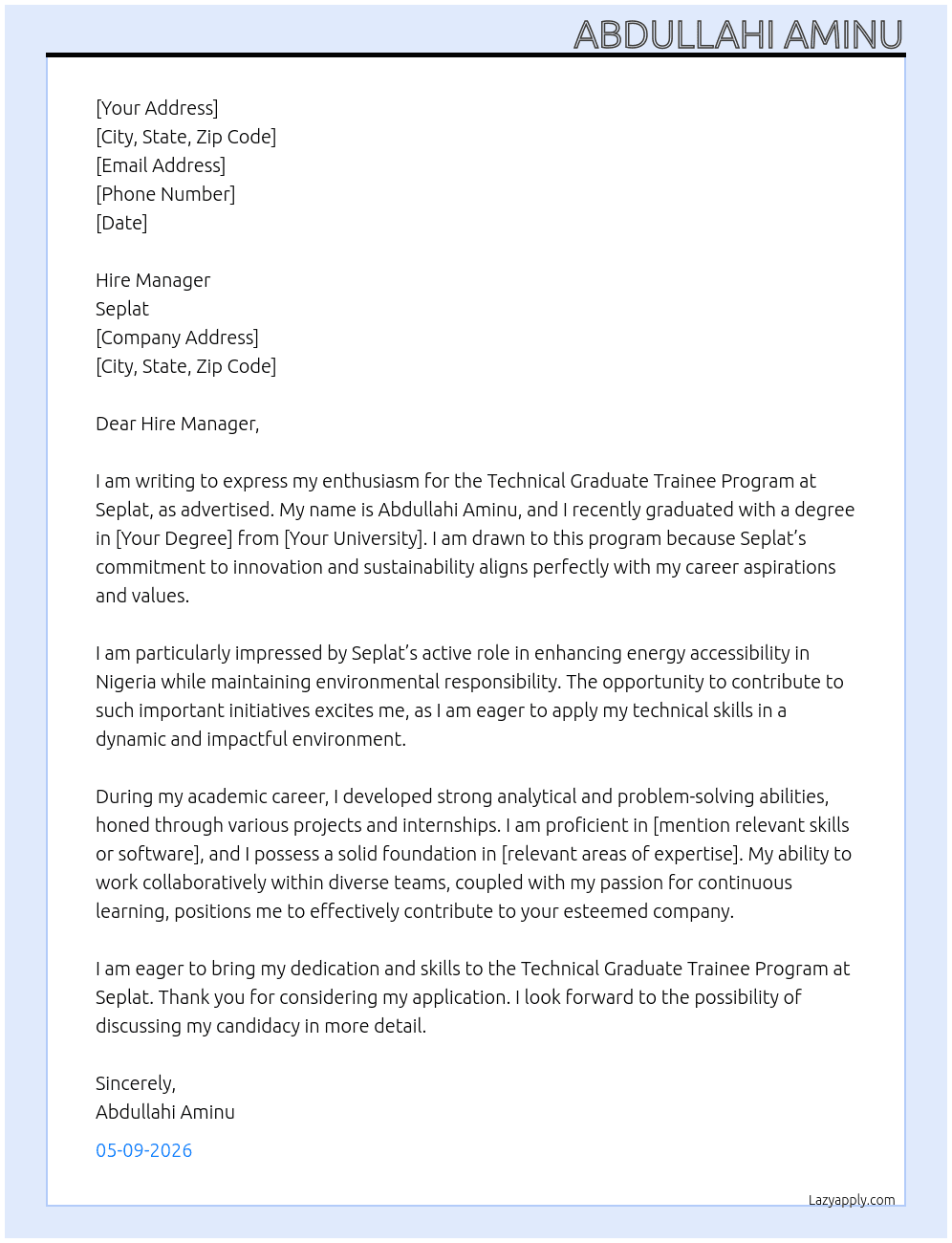 Technical graduate trainee program  At Seplat  Cover Letter