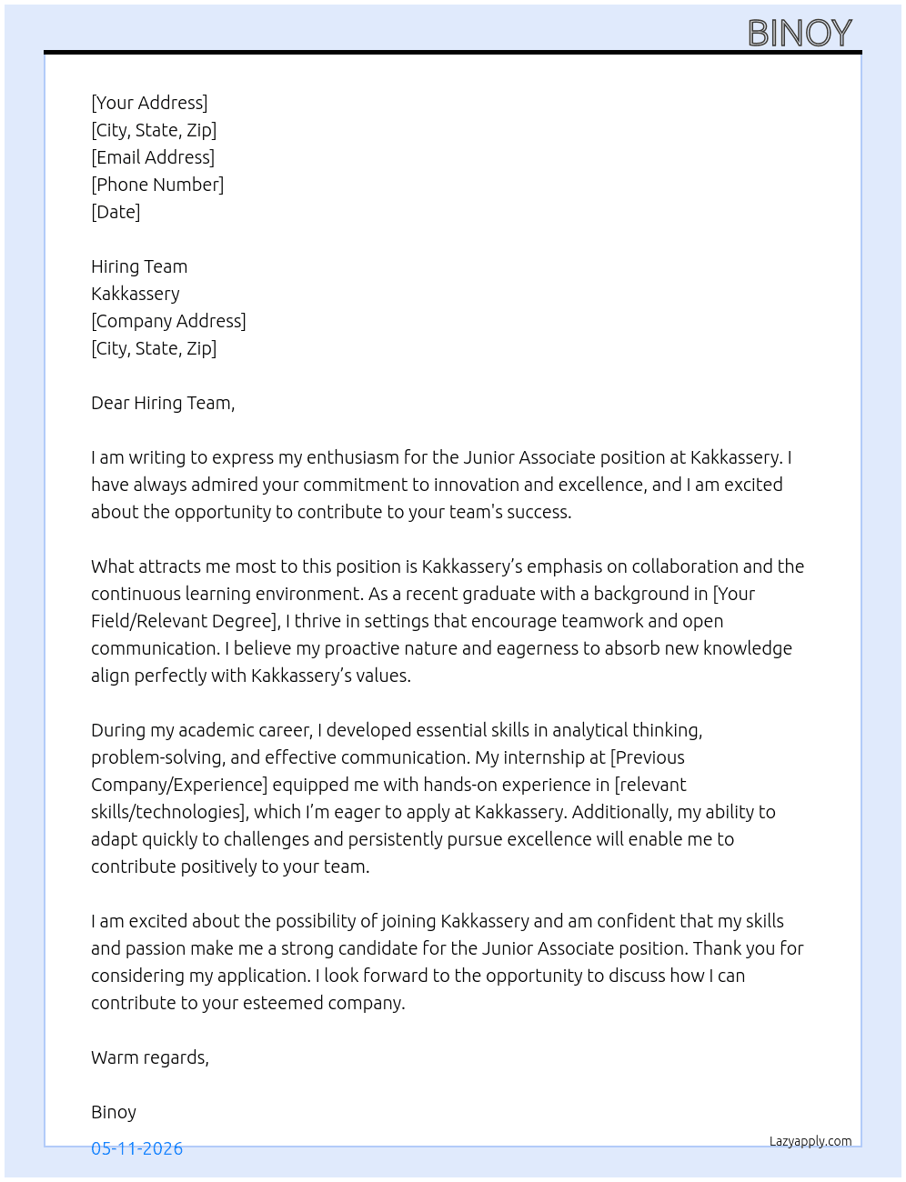 Junior Associate At Kakkassery Cover Letter