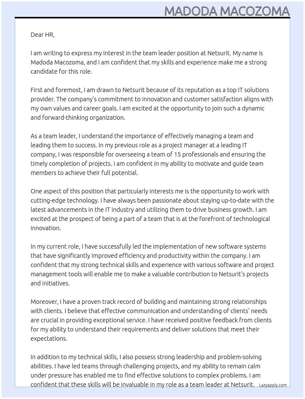 team leader At Netsurit Cover Letter