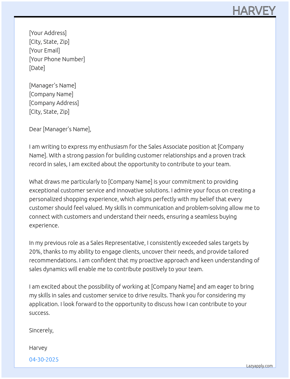 sales associate At any Cover Letter