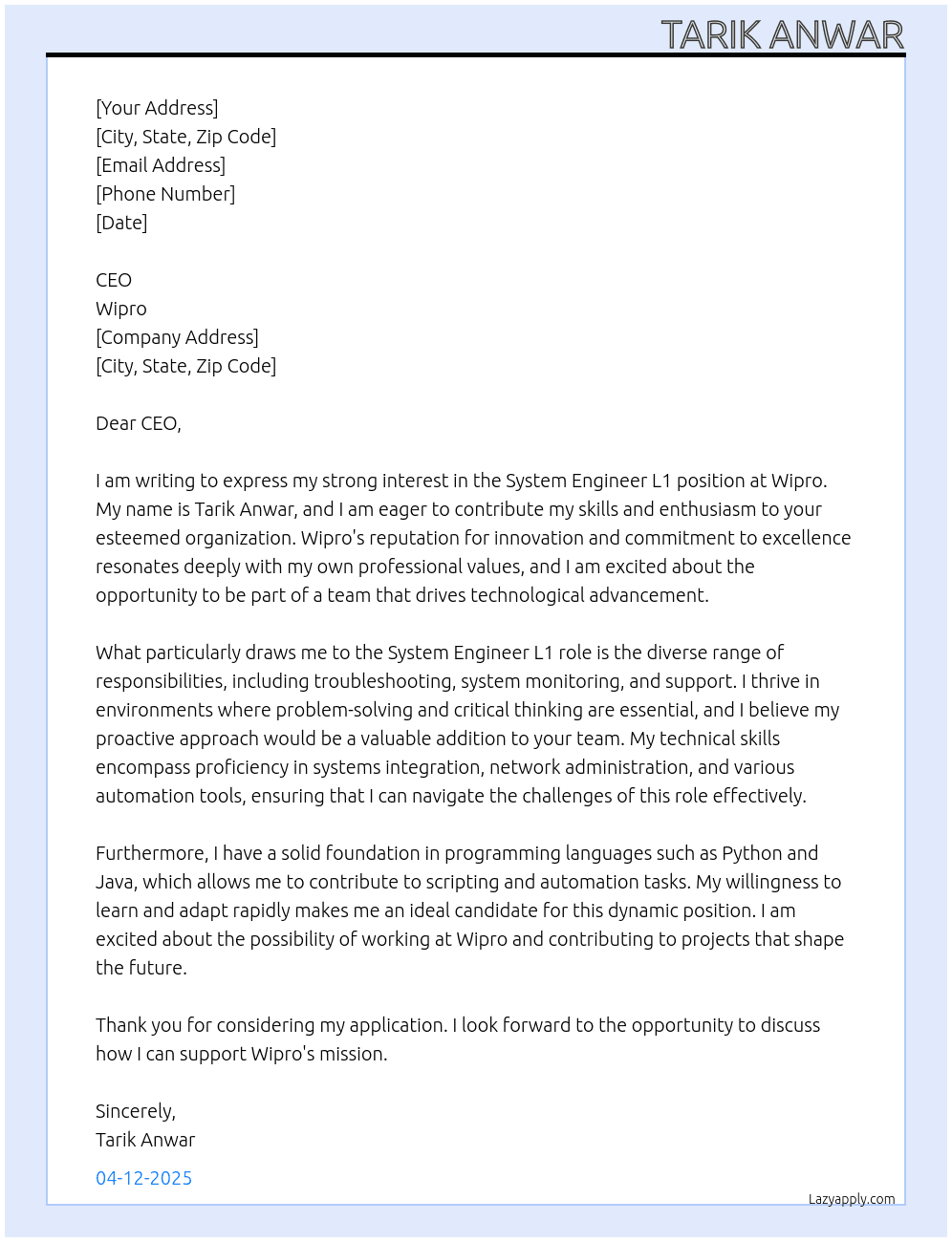 Cover letter for system engineer l1 - LazyApply