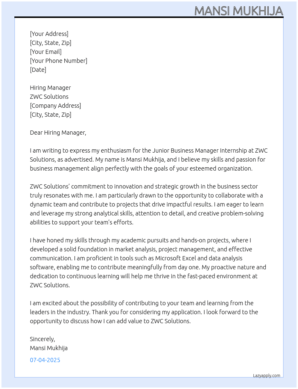 junior business manager internship At ZWC Solutions Cover Letter