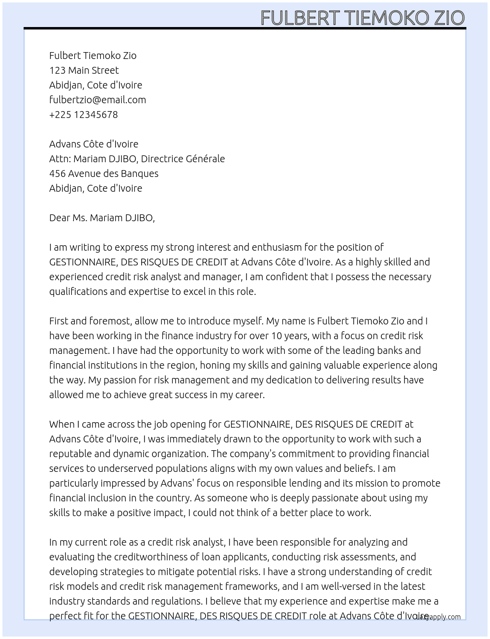 Cover letter for gestionnaire, des risques de credit - LazyApply