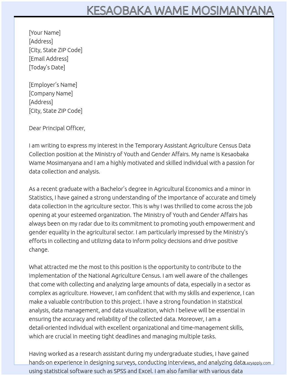 Cover letter for temporary assistant agriculture census data collection - LazyApply