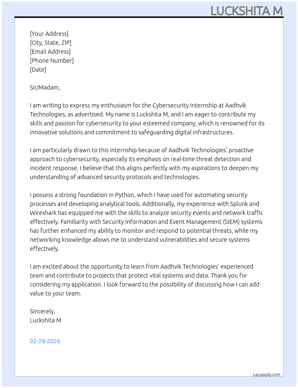 Cybersecurity internship At  Aadhvik Technologies Cover Letter