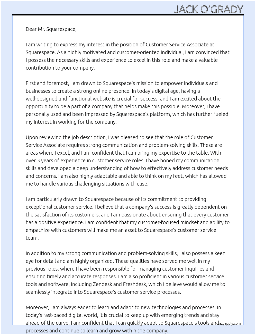 Customer Service Associate  At Squarespace  Cover Letter