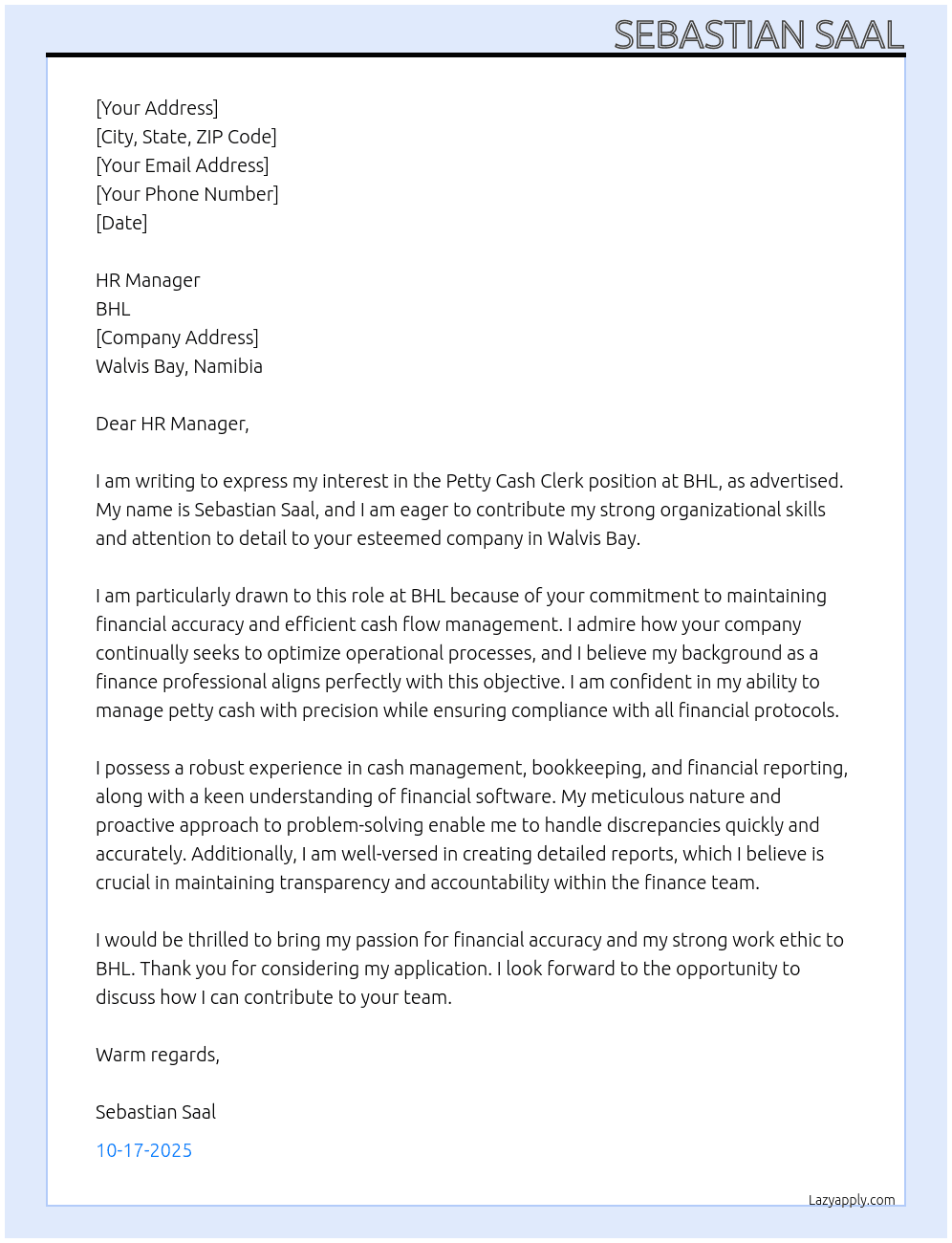Petty cash clerk  At BHL Cover Letter