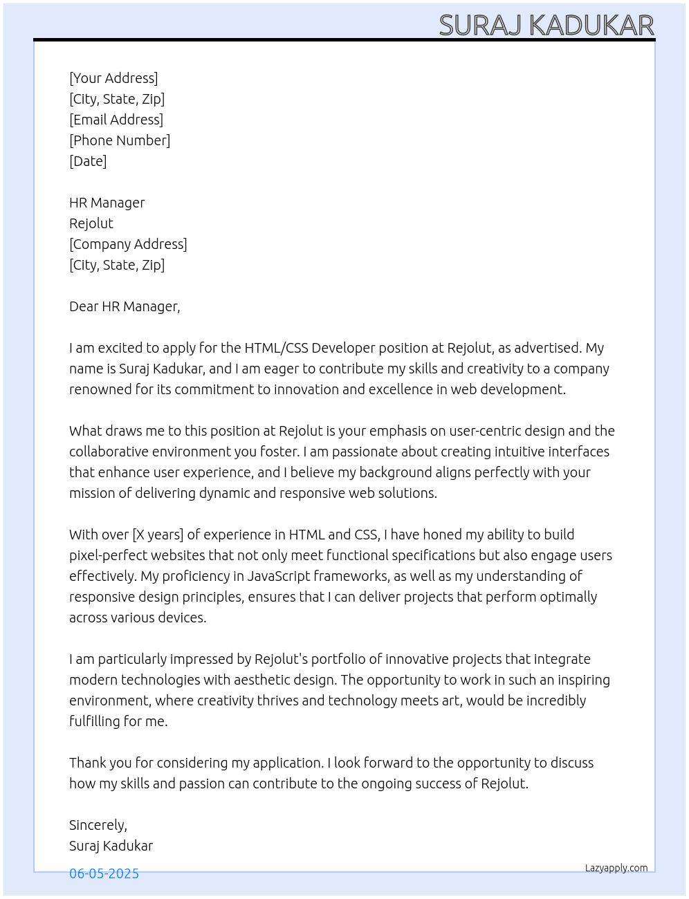 HTML/CSS Developer At Rejolut Cover Letter