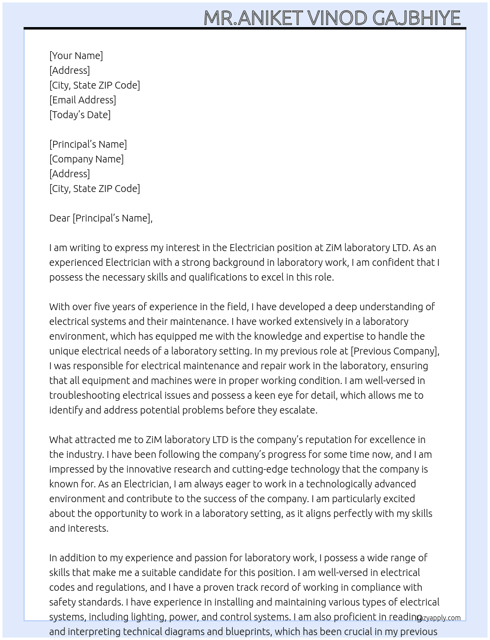 I'm Electrician  At ZiM laboratory LTD  Cover Letter