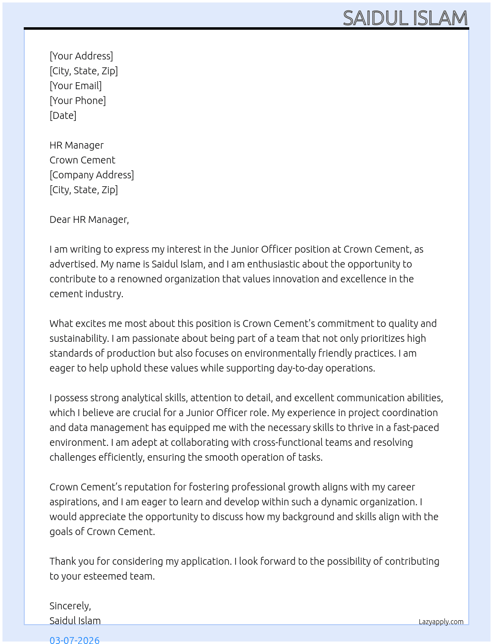 Junior Officer At Crown cement Cover Letter