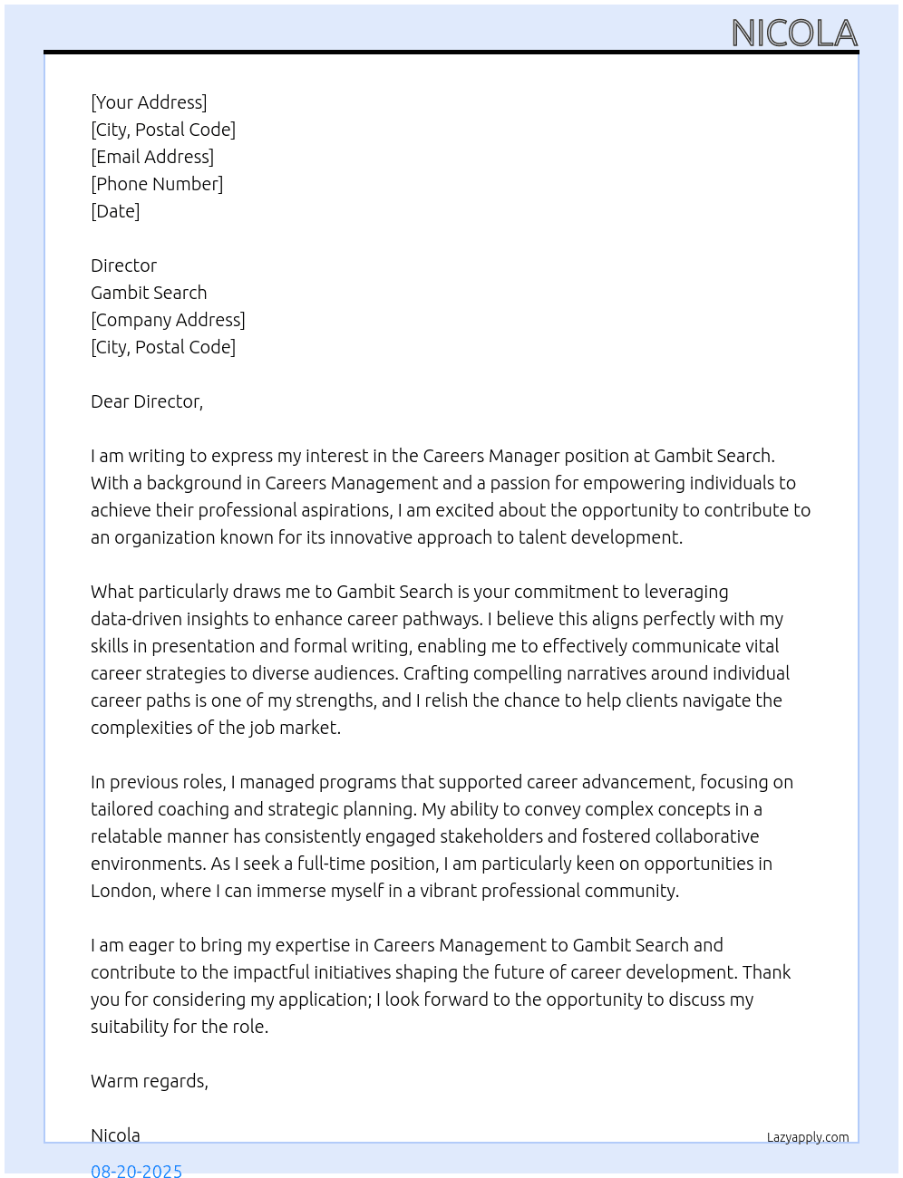 Careers Manager At Gambit Search Cover Letter