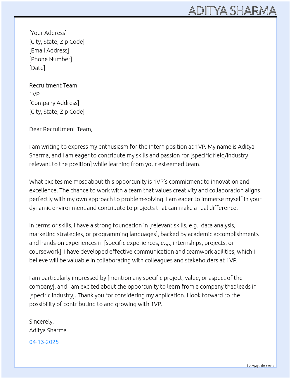 Intern At 1VP Cover Letter