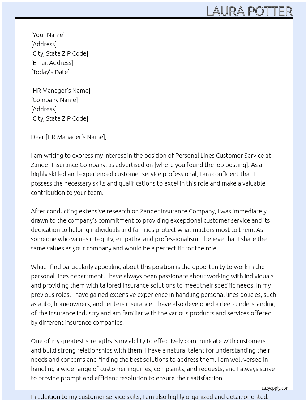 Cover letter for personal lines customer service - LazyApply