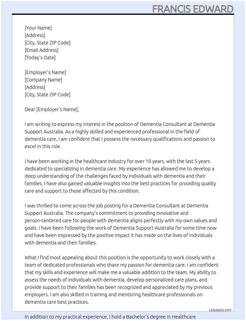Dementia Consultant At Dementia Support Australia Cover Letter
