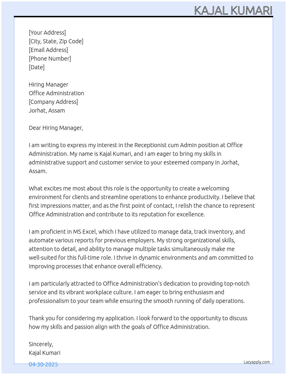 Receptionist cum Admin  At Office administration  Cover Letter