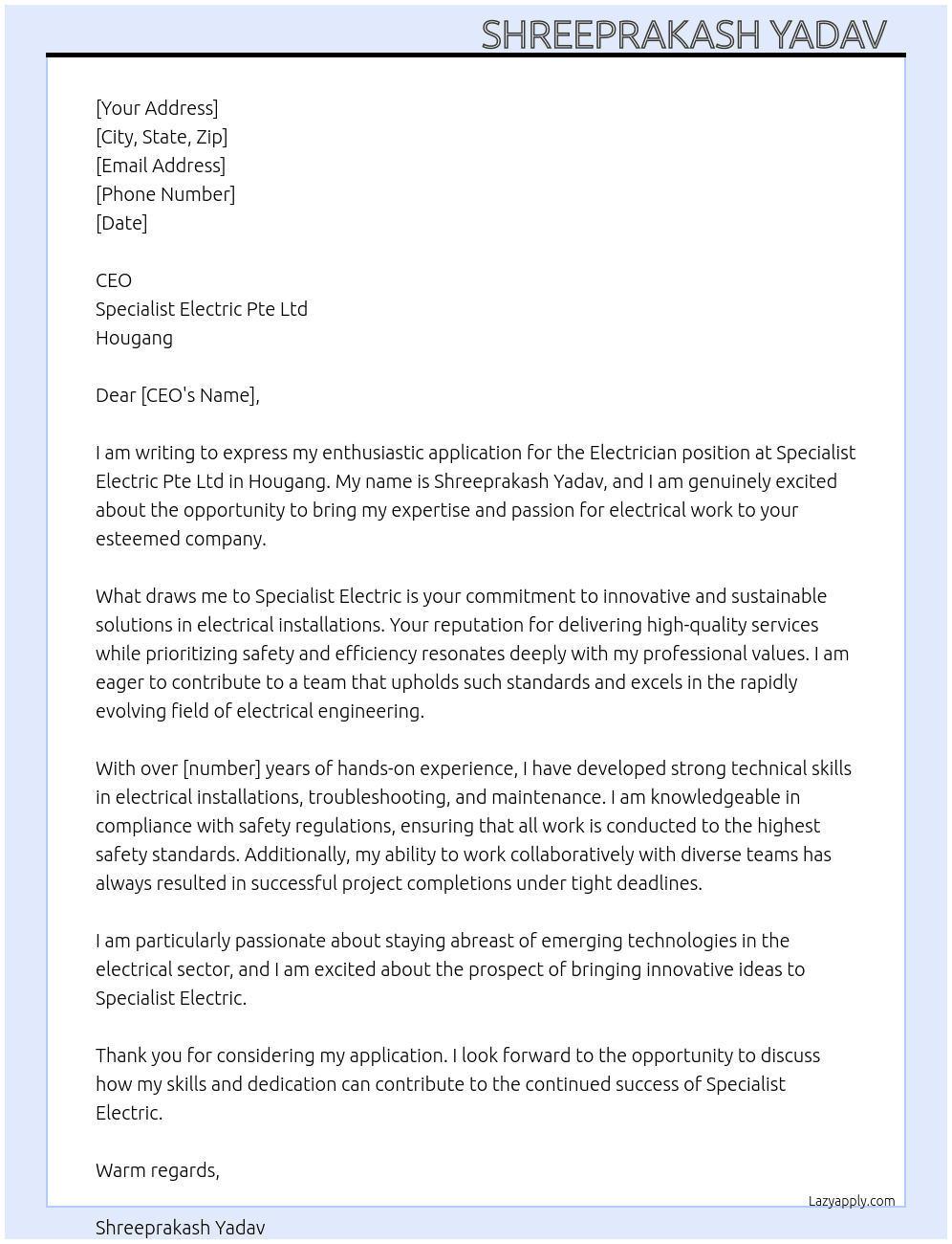 Electrician At Specialist electric pte ltd hougang Cover Letter