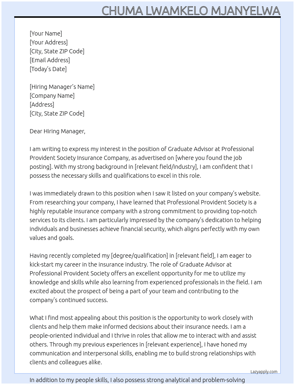 Cover letter for graduate advisor - LazyApply